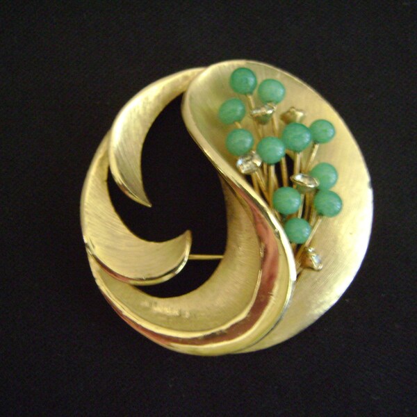 Gold tone Brooch with Jade and Rhinestones