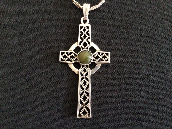 Vintage Sterling Cross with Dark Jade Stone Neckl… - image 7