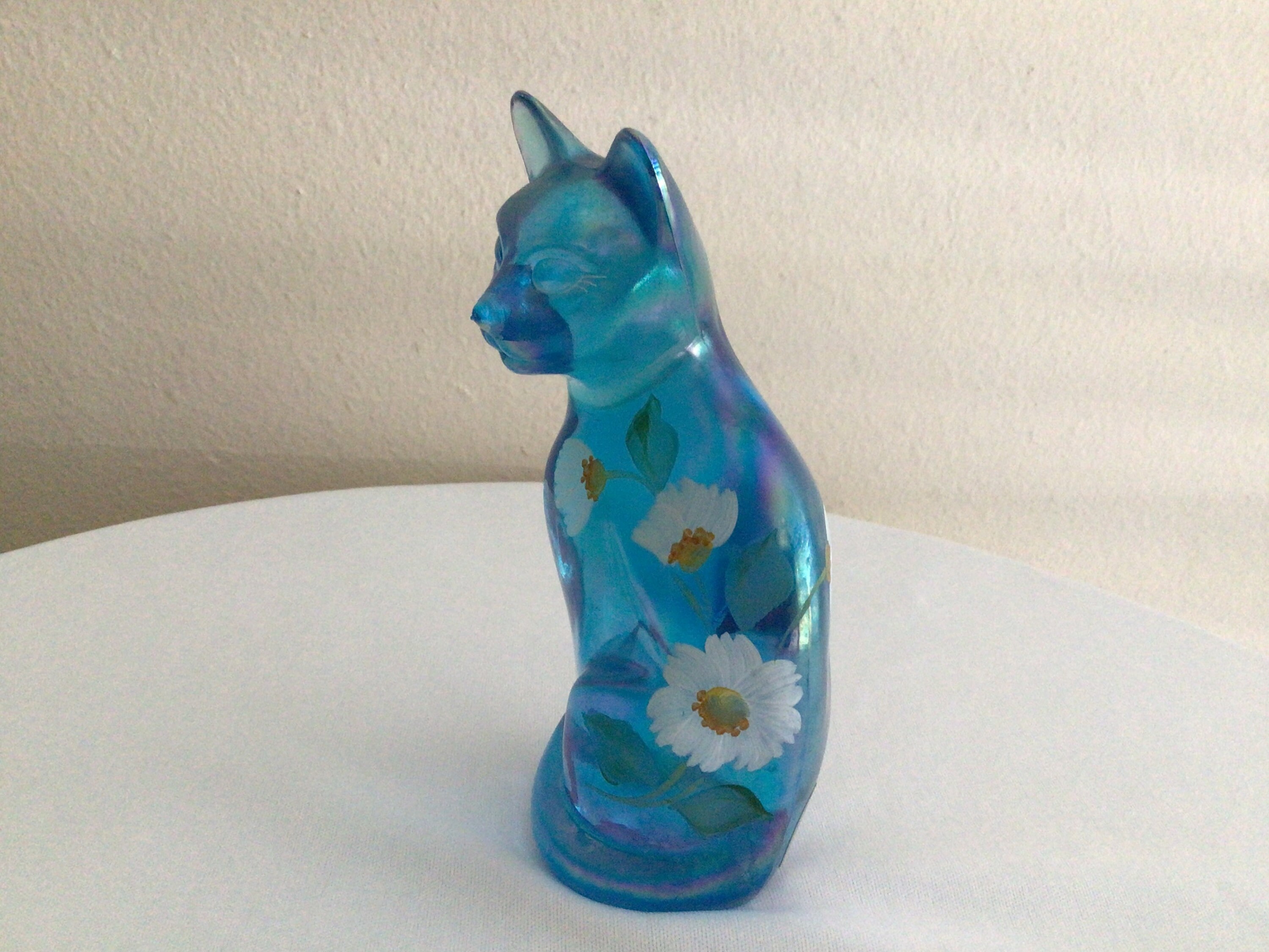 Vintage Iridescent Fenton Turquoise Blue Glass Cat with Hand 