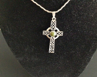 Vintage Sterling Cross with Dark Jade Stone Necklace Signed
