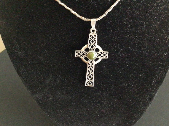 Vintage Sterling Cross with Dark Jade Stone Neckl… - image 1