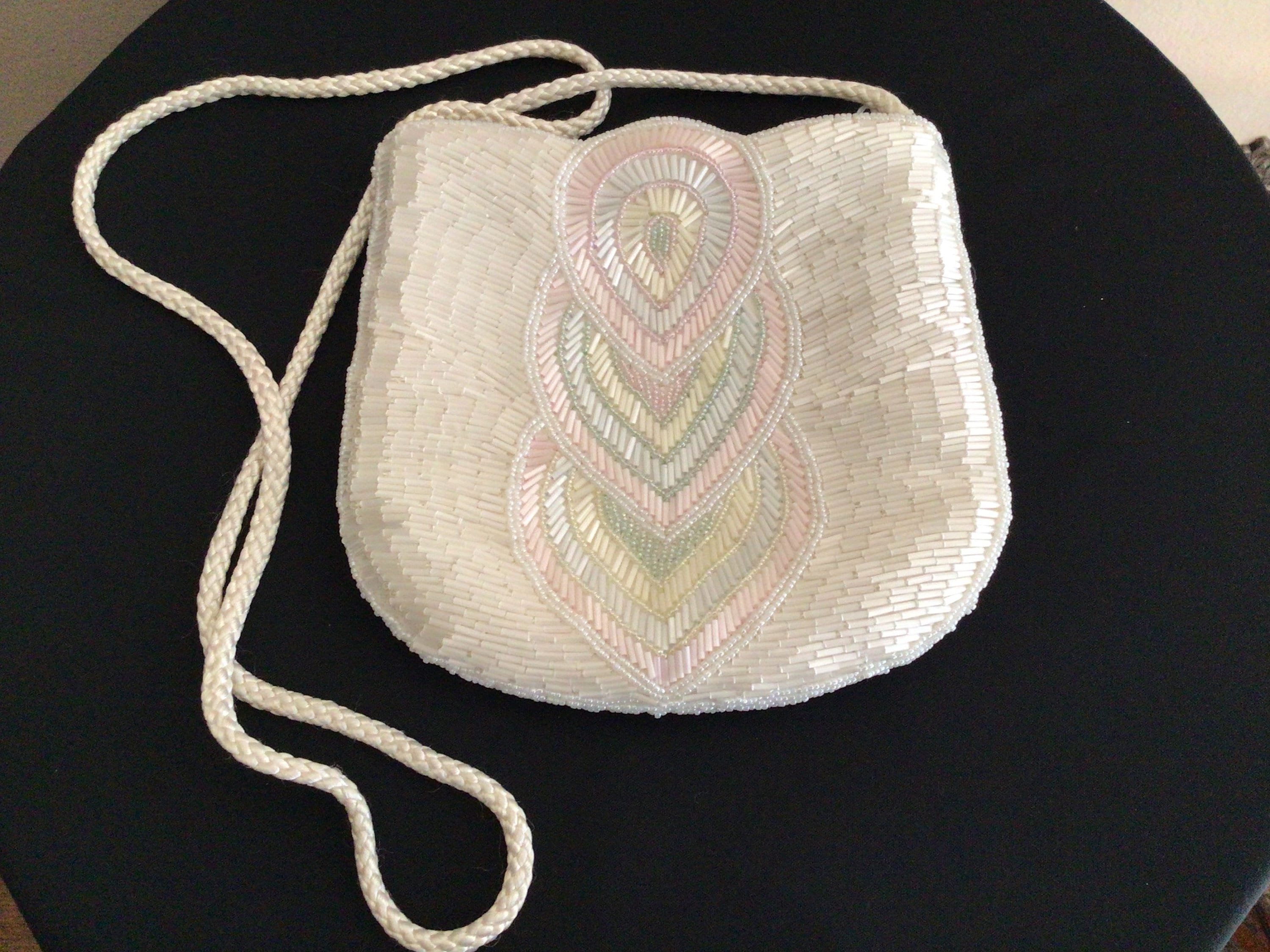 La Regale Ltd. Evening Bag, Hand Beaded, White Pearlescent with Rope Chain