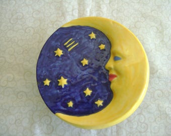 Handmade Ceramic Man in the Moon Trinket Dish with Cover