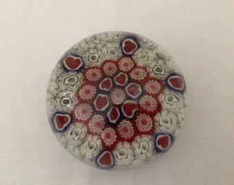 Millefiori Red Hearts white and Blue Design Art Glass Paper Weight