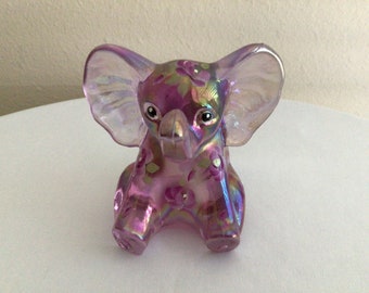 Vintage Iridescent Fenton Art Glass Elephant with Hand-Painted  Flowers Signed