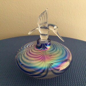Vintage Hand-Blown Art Glass Blue Swirl Perfume Bottle Hummingbird Lid