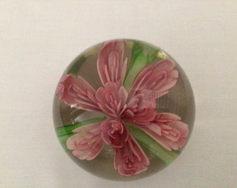 Vintage Art Glass Pink Flower with Leaves  Paperweight