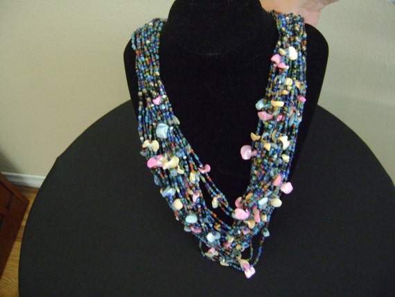 Vintage 1970's Seed Beads Multi-Strand Hippie Necklace - Gem