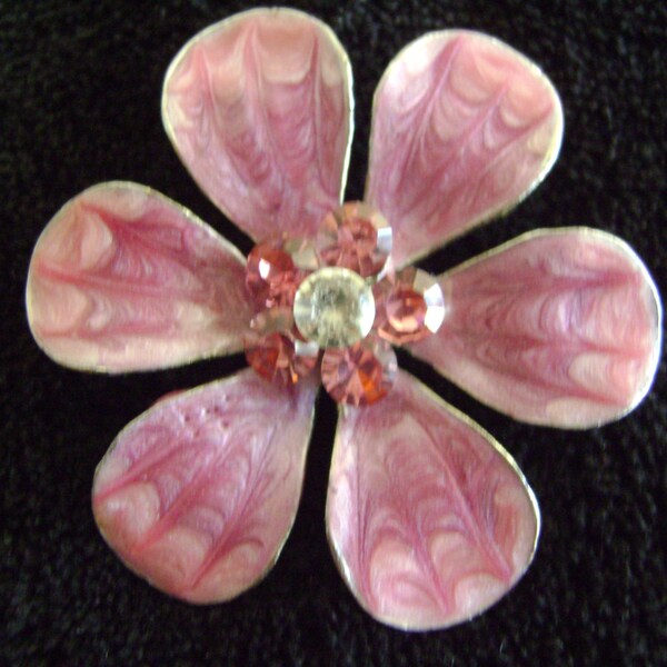Silver tone Rhinestone Pink Flower Brooch
