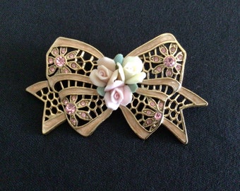 Vintage Filigree Bow Brooch with Rhinestones and Rose Flowers