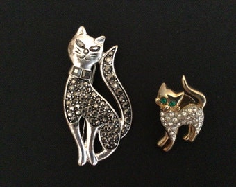 Vintage Siamese Cat with Marcasite and Small Cat with Rhinestones Brooch