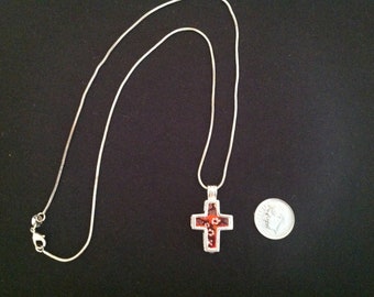 Vintage Silver Necklace and Cross Pendant with Millefiori Flowers