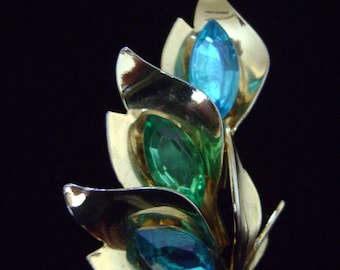 Vintage Rhinestones Goldtone Leaves Brooch