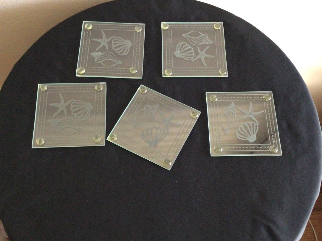 Shell Glass Coaster Vintage Etched Glass Sea Shells Coasters 5 Pcs - Etsy
