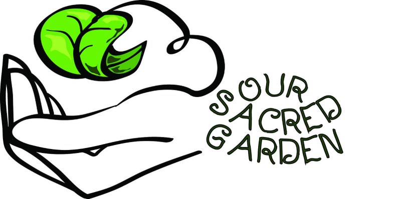 May include: A black and white illustration of a hand holding two green leaves. The text "Your Sacred Garden" is written in a stylized font.