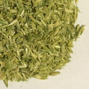 May include: A close-up of a pile of dried, chopped green oat grass. The grass is light green and has a slightly yellow hue. The grass is finely chopped and appears to be ready for use in a tea or other herbal remedy.