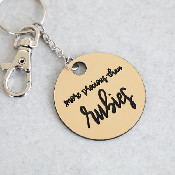 More Precious Than Rubies Keychain | Proverbs 3:15 | Laser Engraved Acrylic | Hand-Lettered | Christian | Bible Verse | Valentines Day Gift