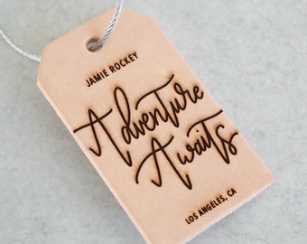 Personalized Leather Luggage Tag Adventure Awaits | Custom Engraved Name and Location | Hand-Lettered | Keychain Cable | Travel Gift