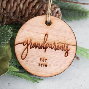 Grandparents Established 2023 Christmas Ornament Wood | Personalize Year | Laser Cut | Hand-lettered | Christmas, Grandparents, Announcement