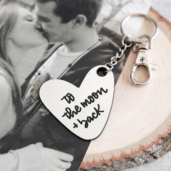 Love You To The Moon & Back Keychain | Heart Shape | Engraved | Hand-Lettered | Valentines Day | Anniversary | Galentines | Love Gift