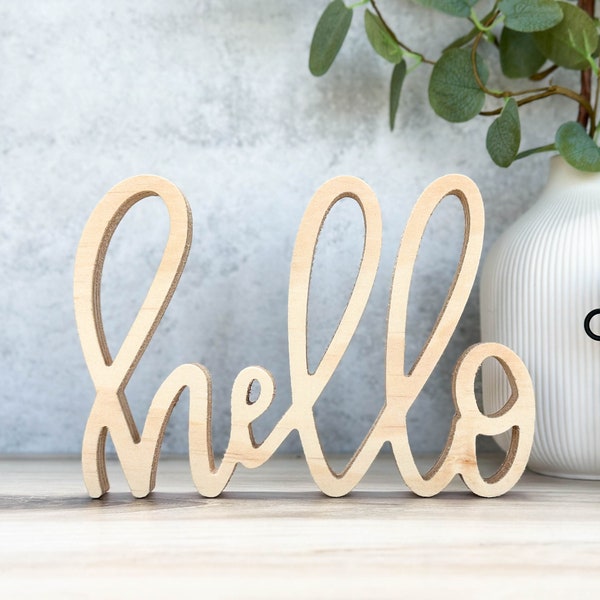 Hello Sign Decor | Self Standing | Perfect for the Home | Display on a Mantel, Shelf, or Tabletop | Entry Sign | Hand-Lettered
