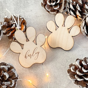 Paw Ornament Personalized Engraved Birch Wood | Pet Christmas Ornament | Dog Stocking | Stocking Tag, Gift Tag, Ornament | Pet Name Tag