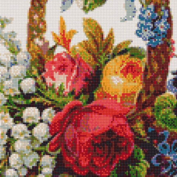 Victorian Edwardian Berlin Woolwork Xstitch Cross Stitch Beadwing Needlepoint Pattern Floral Bouquet in Basket from Antique German Scrap