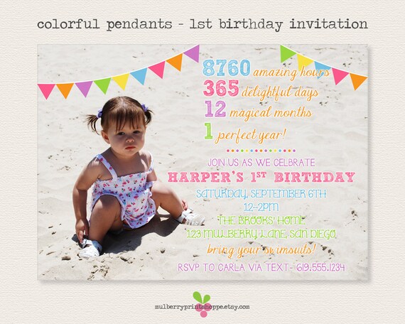 1st Birthday Full Photo Party Invitation Colorful Pendants Etsy 1st Birthday Full Photo Party Invitation Colorful Pendants Etsy