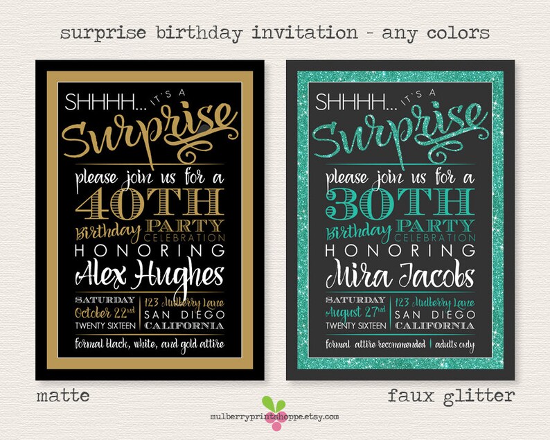 Surprise Birthday Party ANY Occasion Printable or Printed Cards ANY Colors Any Age