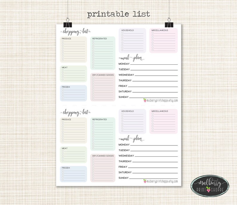 weekly shopping list meal prep planner printable list etsy