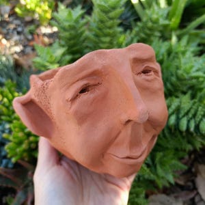 May include: A terracotta-coloured ceramic planter shaped like a human face with detailed features including eyes, a nose, and a mouth. The vessel has a textured surface and pointed ear-like protrusions on the sides, designed to hold small plants.