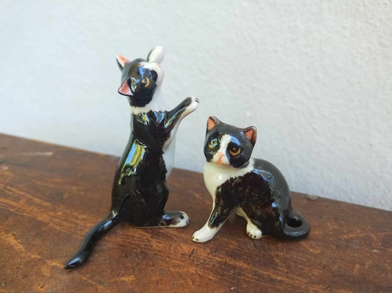 Miniature Ceramic Black & White Cat Figurine for Fairy