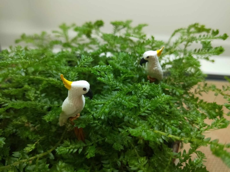 May include: Two miniature white cockatoo figurines with yellow crests and black beaks perched within a dense, vibrant green fern plant. The small bird statues are positioned at different heights among the textured, feathery foliage of the plant.