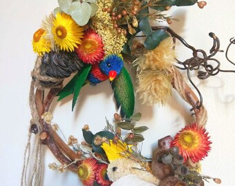 Handmade flying bird wreath with Australian native dried flowers, bush inspired wall art