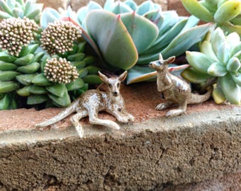 May include: Two small ceramic kangaroo figurines, one lying down and the other standing, are set against a backdrop of green succulents and a textured, brown brick surface. The kangaroos have brown and white markings.