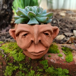 Handmade mini terracotta pot, face pottery, small character planter for succulents & cactus
