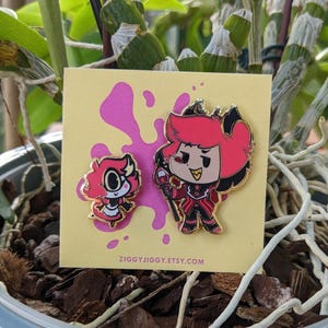 Alastor & Niffty set / Hella Kawaii / Hellaverse Fanmerch / Hazbin Hotel Pins / Gold Plated Hard Enamel / Kawaii Chibi Style