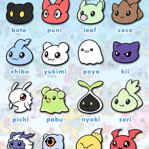 Könnte beinhalten: Ein Raster mit 16 bunten Comicfiguren, jede mit einem einzigartigen Design und Namen. Die Figuren sind in vier Reihen mit jeweils vier Figuren angeordnet. Alle Figuren lächeln und haben große Augen. Die Figuren heißen: Bota, Puni, Leaf, Coco, Chibo, Yukimi, Poyo, Kii, Pichi, Pabu, Nyoki, Zeri, Yura, Kura, Rele und Jyari.