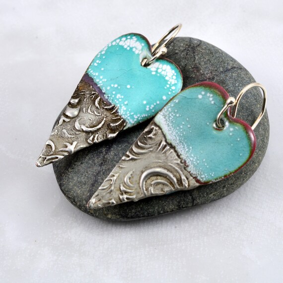 Items similar to Blue Enamel and Textured Gilded Silver Solder Earrings ...