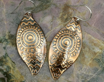 PRIMATIVE SPIRALS Patterned Copper Leaf Dangle Earrings