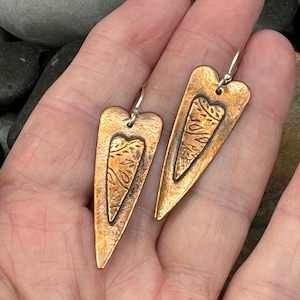 Copper Heart Earrings Handmade Boho Jewelry Layered Heart Earrings Dangle Earrings Anniversary Gift for Her Rustic Jewelry