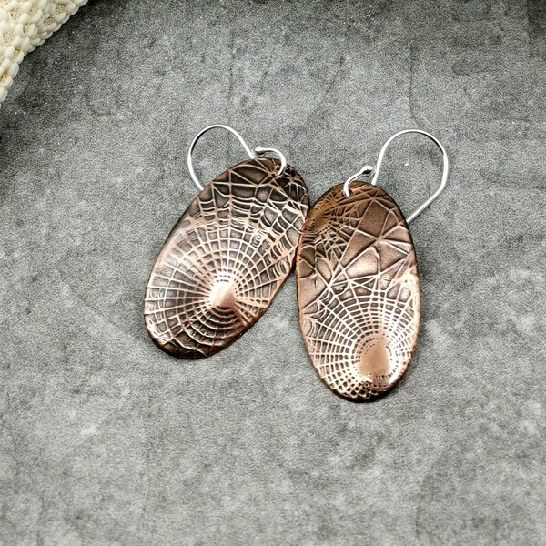 Weavers Spider Web Oval Copper Earrings