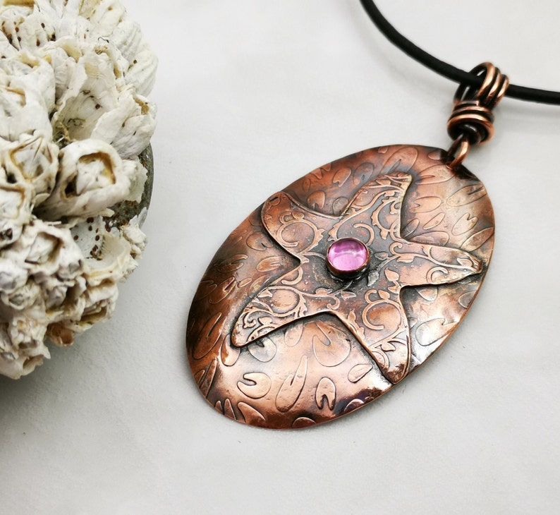 Starfish with Pink Sapphire Textured Copper Pendant