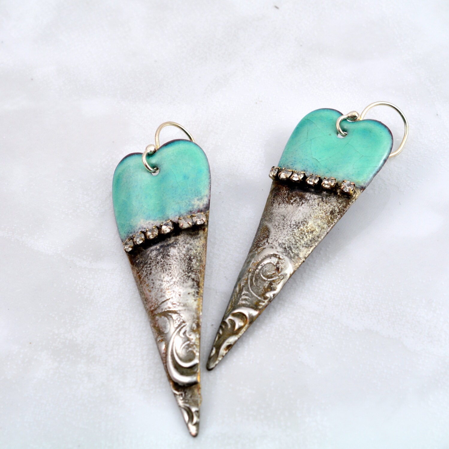 Blue Green Enamel and Textured Gilded Silver Solder Earrings Etsy