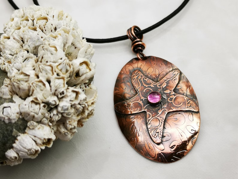 Starfish with Pink Sapphire Textured Copper Pendant