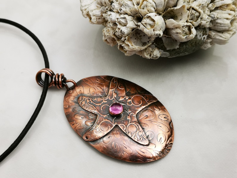 Starfish with Pink Sapphire Textured Copper Pendant