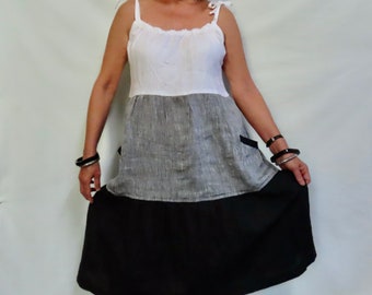 Loose fitting Linen Sundress with side Pockets and tiered skirt in White, Silver and Black is perfect for Summer.