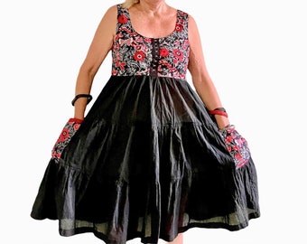Cotton Summer dress  with Japanese print top and pockets, layered skirt and hook and eye  fastening.