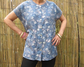 Short sleeved , Loose fitting  Summer top in Blue and Cream Print with Pearl Buttons.