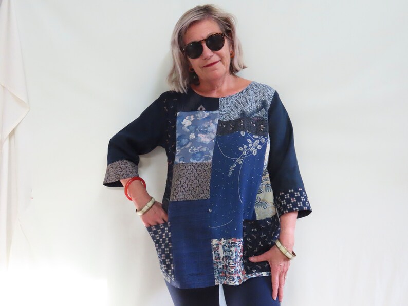 Unique Patchwork Shirt made from  Recycled Kimono fabrics with   Pure Linen and Cotton prints has  Boat neck and Three Quarter Sleeves.